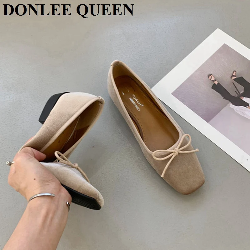 2024 New Autumn Fashion Flat Ballet Shoes Female Bow Knot Shallow Ballet Square Toe Female Ballerina Soft Moccasin Zapatos Mujer