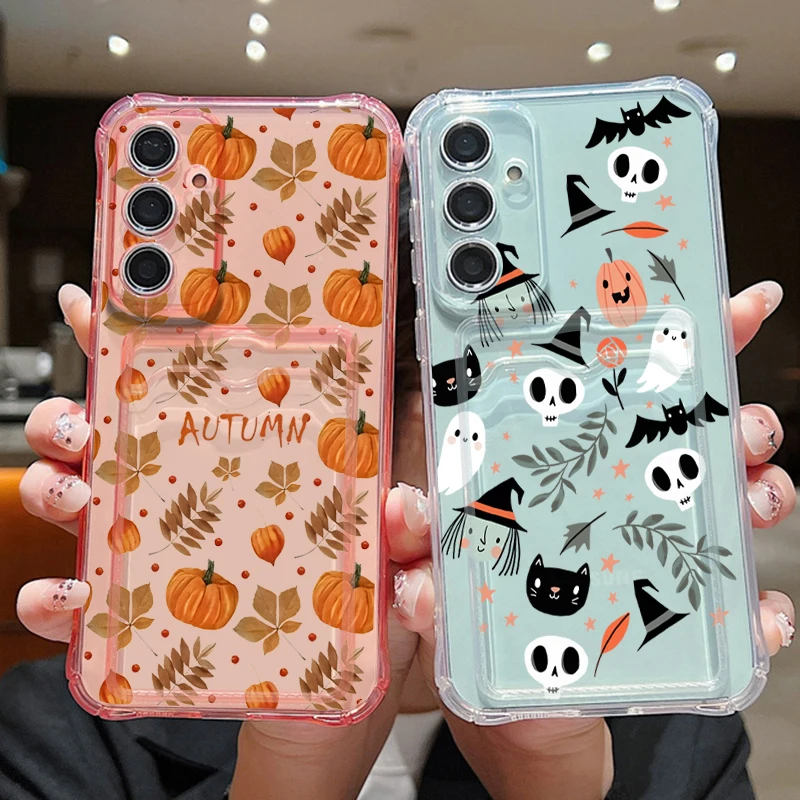 Card Slot Phone Case For Samsung Galaxy S26 S25 S24 Ultra S23 S25 FE A18 A57 A37 A17 A56 A27 A55 A16 Halloween Ghost Print Cover