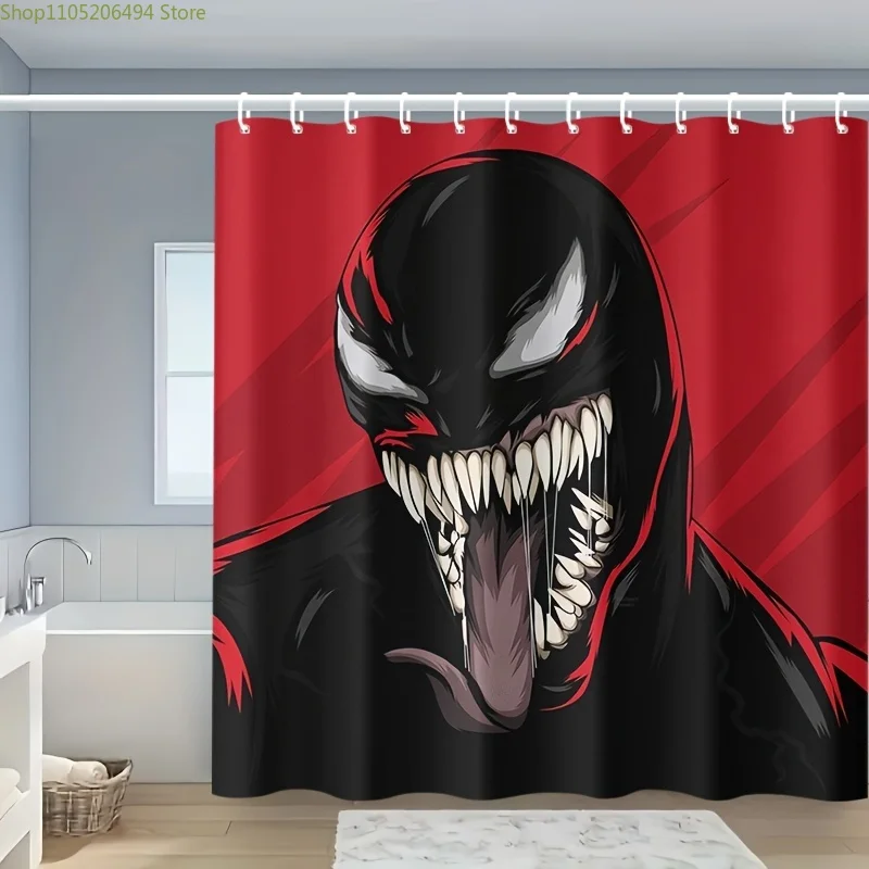 Cortina de Ducha Venom - Negra y Roja, Poliéster, Lavable a Máquina con Ganchos, Perfecta para Decoración de Baños, Cortinas para Baño