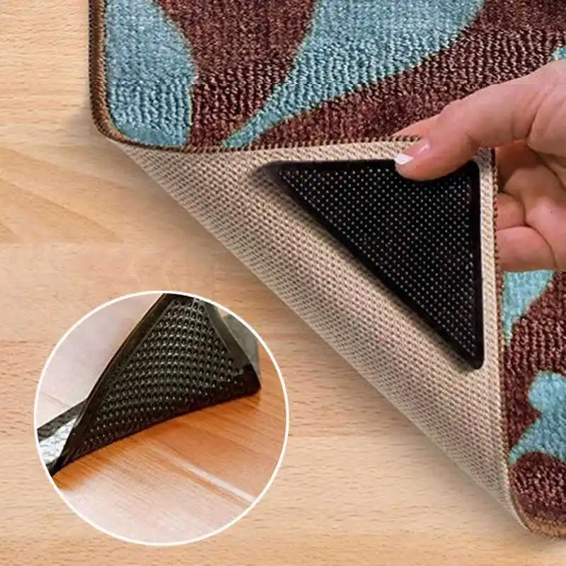 4 Pack Doormat Grippers Sticky Pads For Door Carpet Rug 15x10.5x10.5cm Triangle Silicone Washable Reusable Anti-Slip Floor Mat