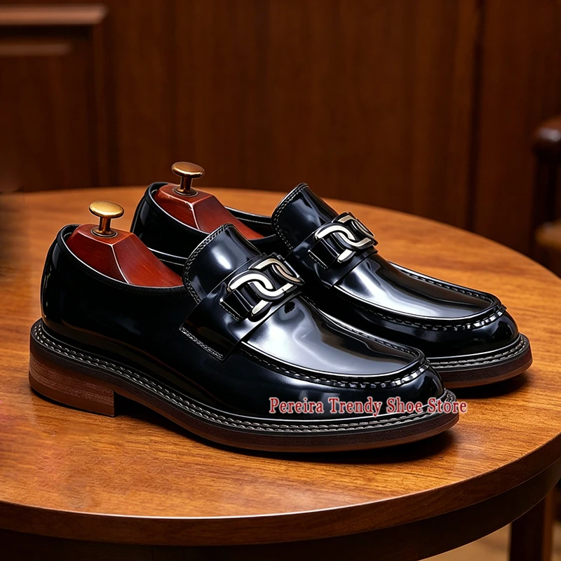 

British Style Round Toe Thick Soled Men's Loafers Brown Black Cowhide Business Dress Shoes Party Wedding Glossy Leather Shoes