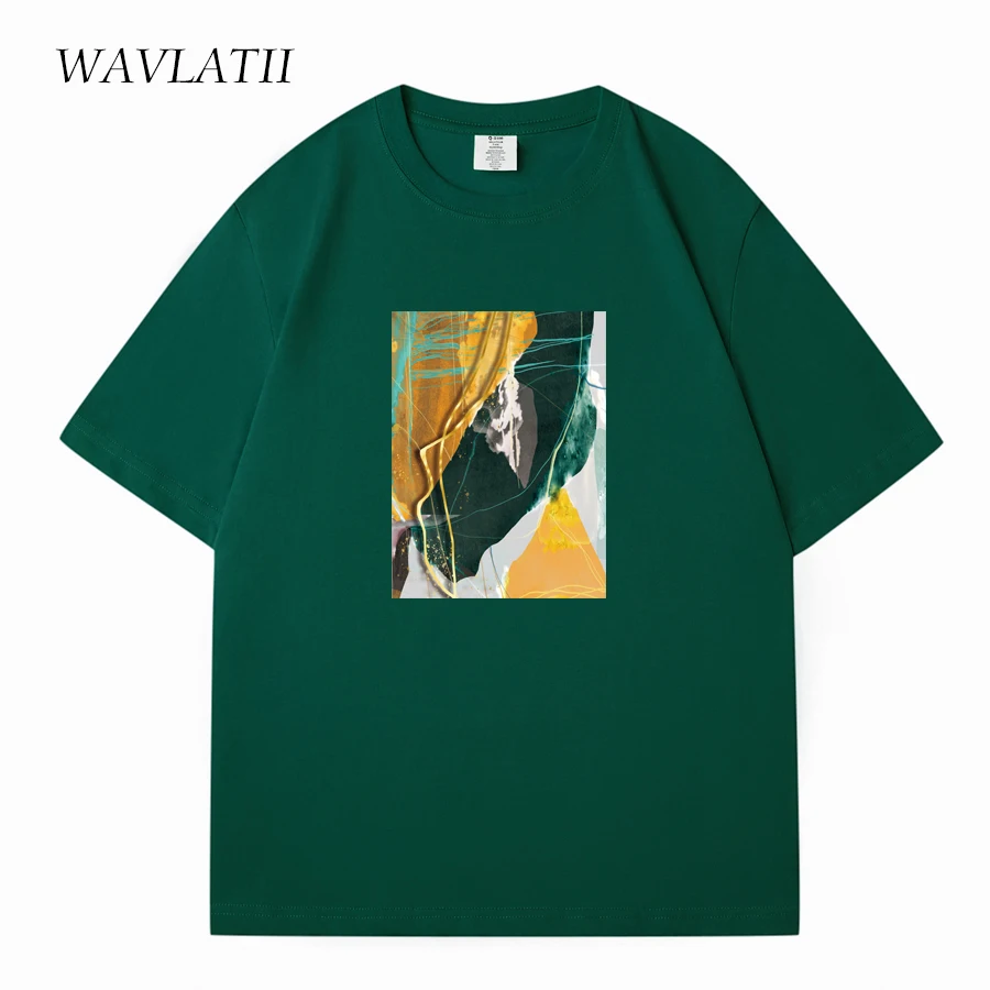 WAVLATII New Women Fashion Oversized Cotton T shirts Female Abstract Printed Streetwear Tees Lady Dark Green Summer Tops WT2323