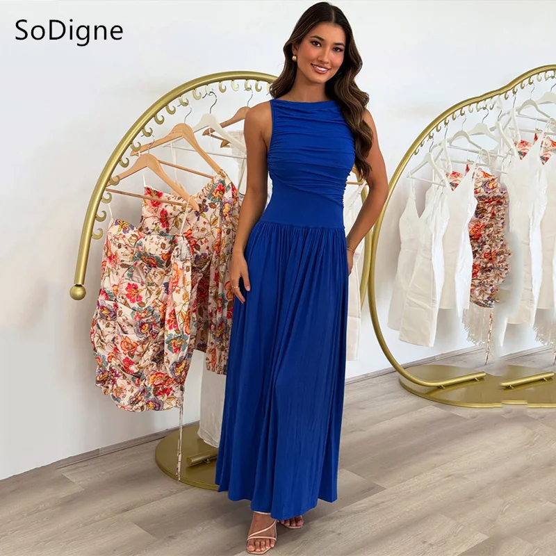 SoDigne Royal Blue A-Line Prom Gowns Scoop Sleeveless Pleat Prom Dresses Ankle Length Cocktail Party Dresses 2025 Customized