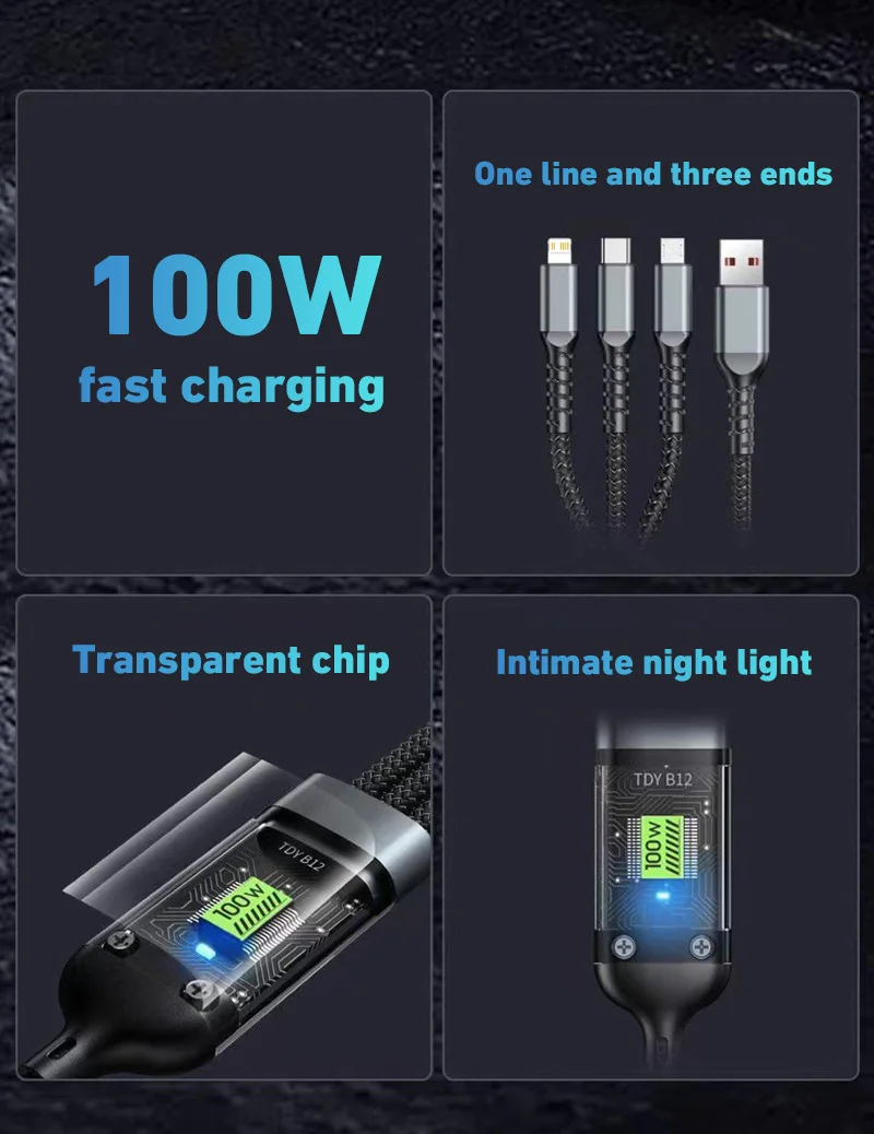 Xiaomi 100W 3 In 1 Super Fast Charge Cable Transparent Luminous Super Fast Charge Type C USB Cable Multi Extension For  Android