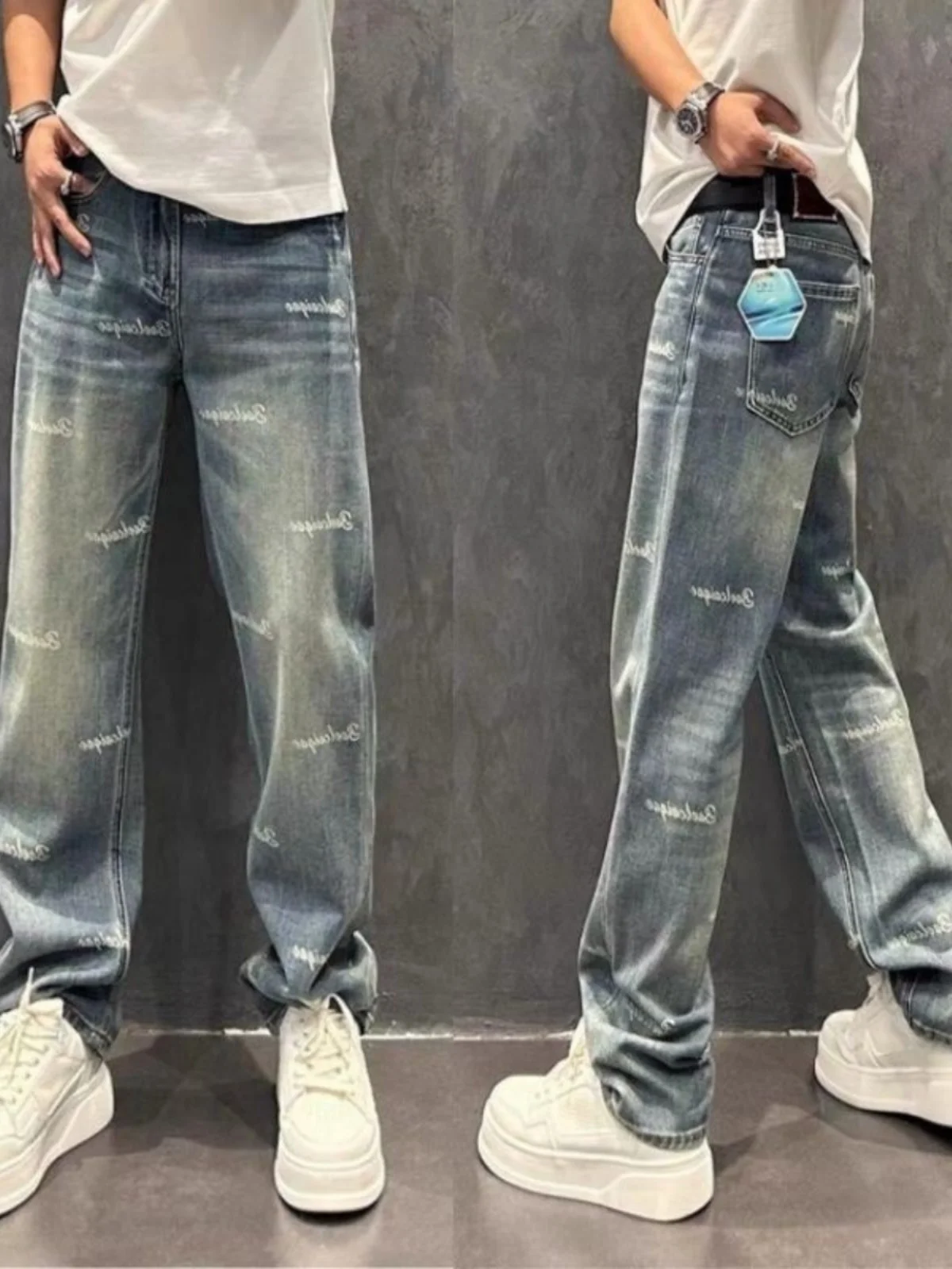 

Trendy Men's Jeans Faion Versatile Simple Letter Japanese Sle High End Trendy Lightweight Retro Straight Leg Pants