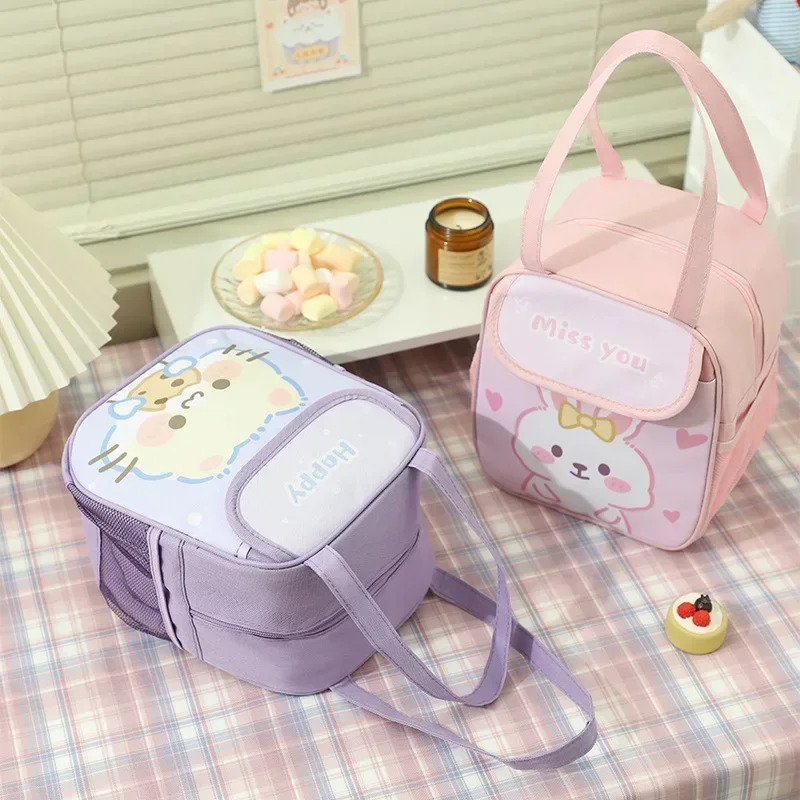 Boîte à lunch portable mignonne pour enfants, sac isotherme thermique lapin rose, poudres à bento, récipient Kawaii, sac de rangement des aliments pour l'école