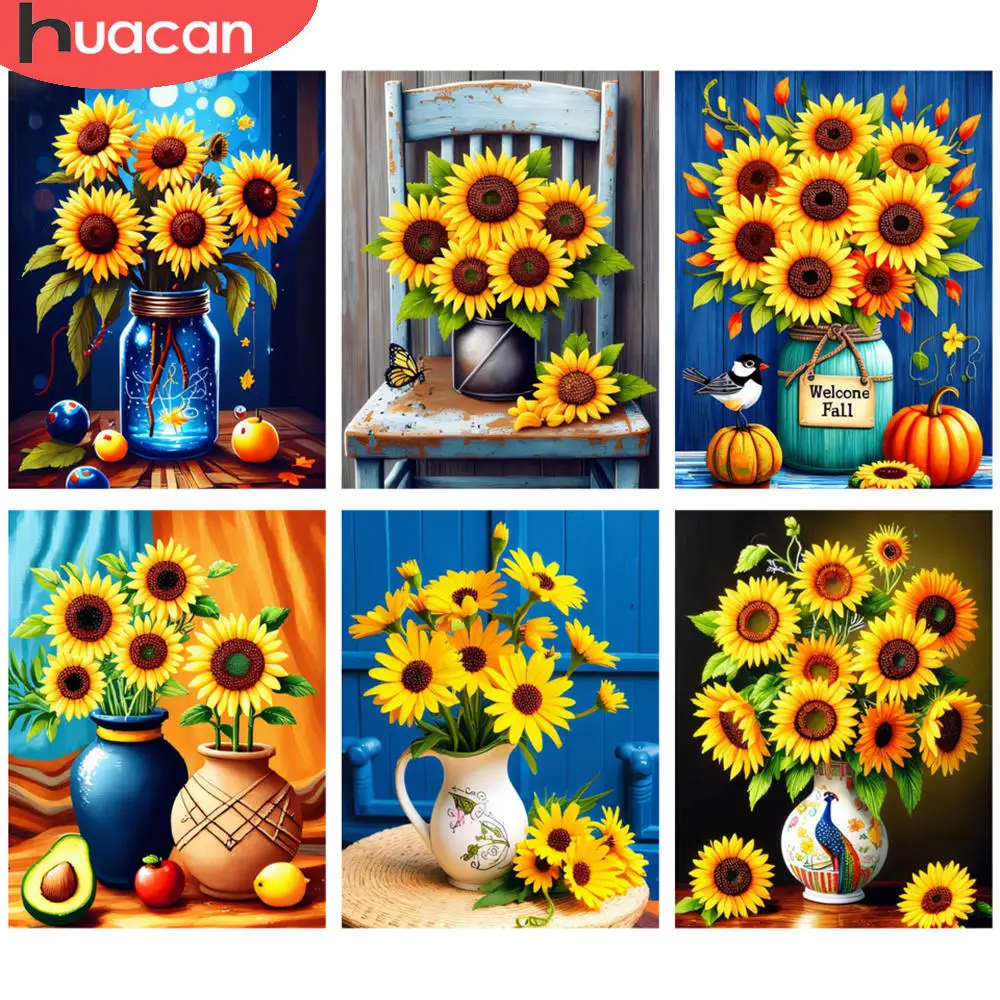 HUACAN Komplette Kits, Diamantmalerei, lebendige Sonnenblumen im Glas, leuchtende Farben, Edelstein, Basteln, Zuhause, 5D-Diamant-Sticksets