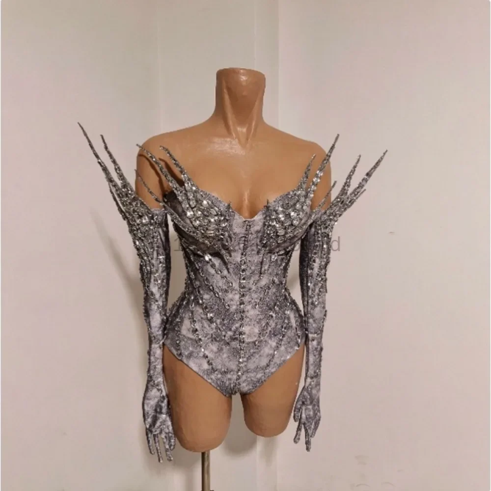Women Singer Stage Outfit Rhinestone Spiky Stereo Slim Fit Waist Strapless Bodysuit Sexy Jumpsuit For Party Club Stage Performan