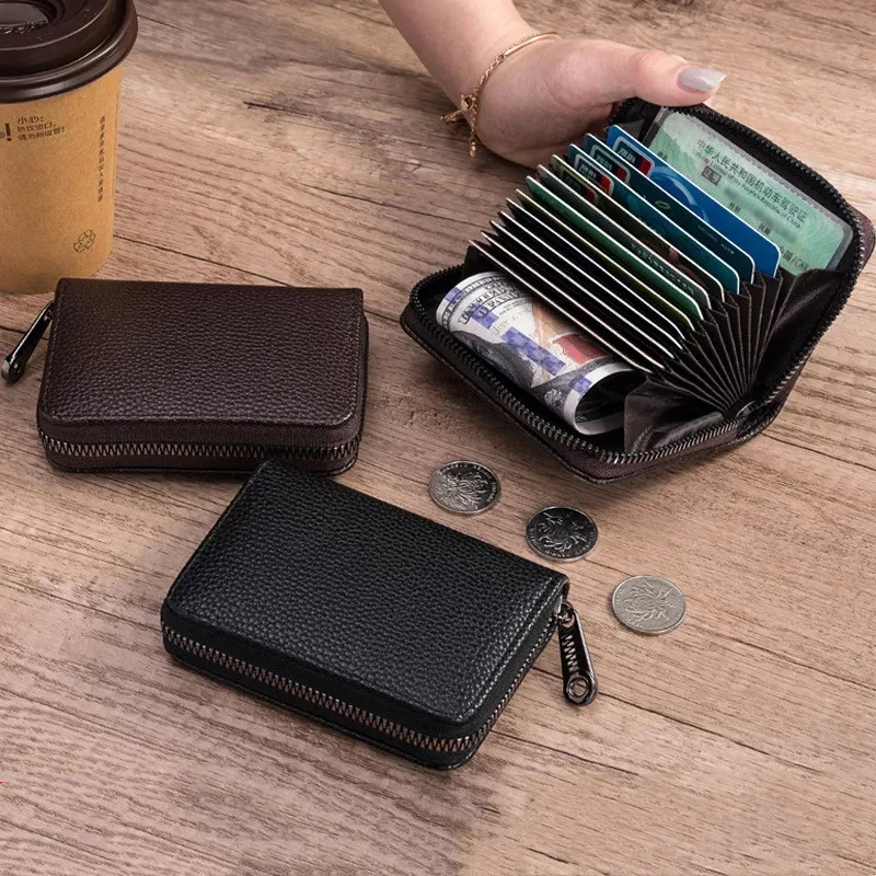 Homens e mulheres Titular do cartão de crédito, RFID Blocking Wallet, Zipper Money Pouch, Protect Case, Pocket Purse, 11 cartões