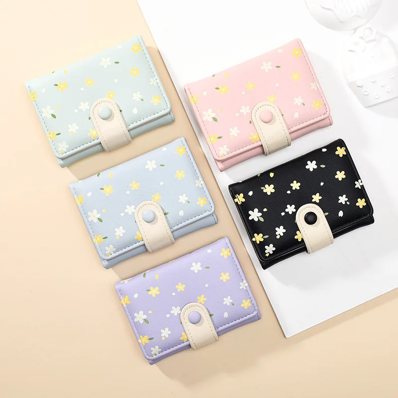 PU leather simple and cute contrasting color student loose change bus card storage printed short lady's wallet card case