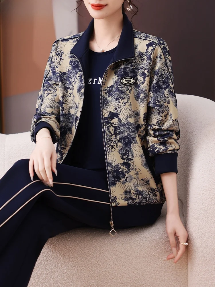 

Повседневный спортивный костюм для женщин среднего возраста: модный комплект из двух предметов, свободный крой, длинные брюки, застежка-молния, цветочный принт