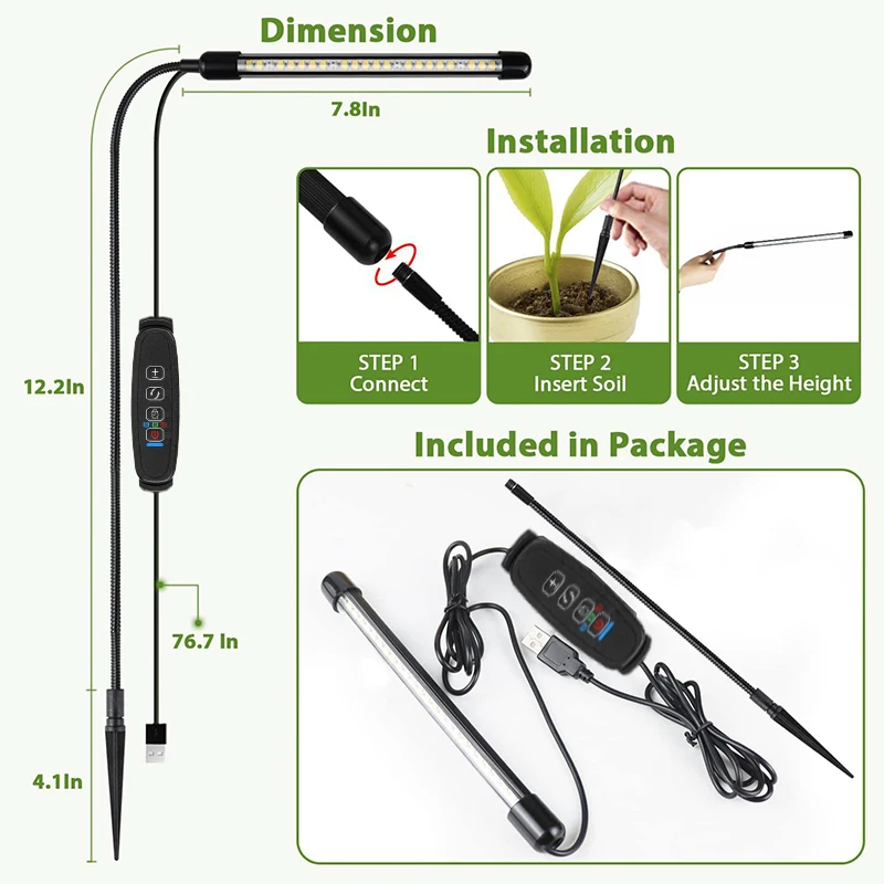 실내 풀 스펙트럼 식물 성장 램프, 자동 켜기/끄기 타이머, USB, 360 ° 조절 가능, 레드, 블루, 웜 화이트, 3 색 밝기 조절 가능