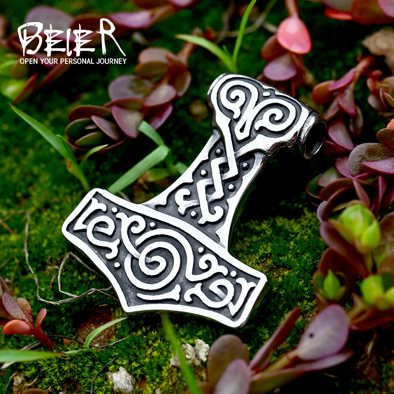 Beier 316L Stainless Steel Viking Hammer Amulet Men\'s Necklace Pendant Nordic Gods Weapons High Quality Jewelry （Only Pendant)）