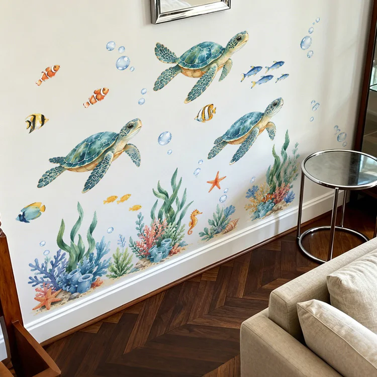 Gemalte Schildkröten-Algen-Wandaufkleber, Badezimmer-Glastür-Dekor, Aufkleber für Zimmertöpfe, Toilettenhintergrund, Heimdekoration, selbstklebende Wandmalerei – Detail 5