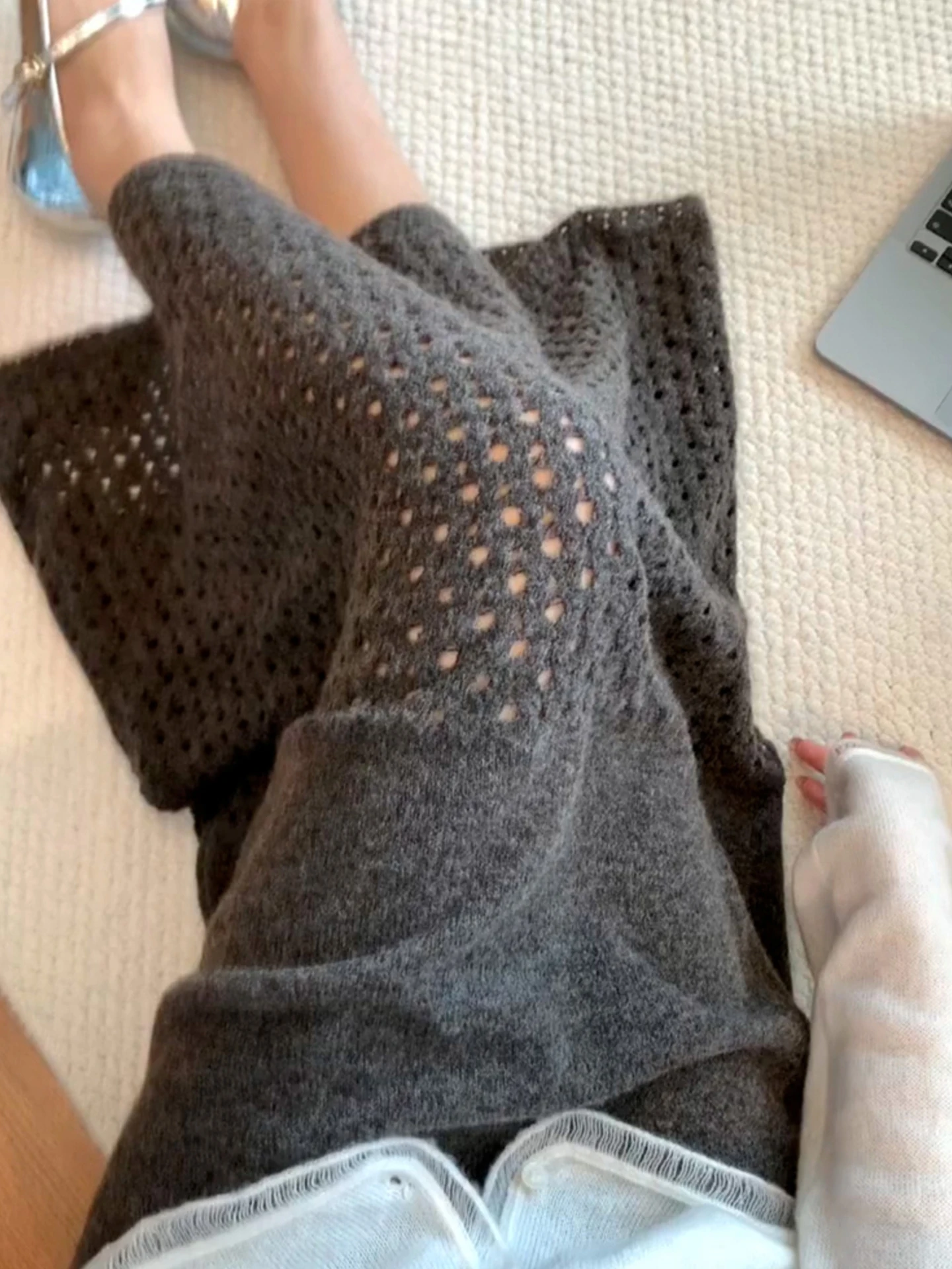 

Hollow out Knitted Casual A-Line Skirt Women's Pure Color High Waist Commute Sle Winter Faion Ele Skirt