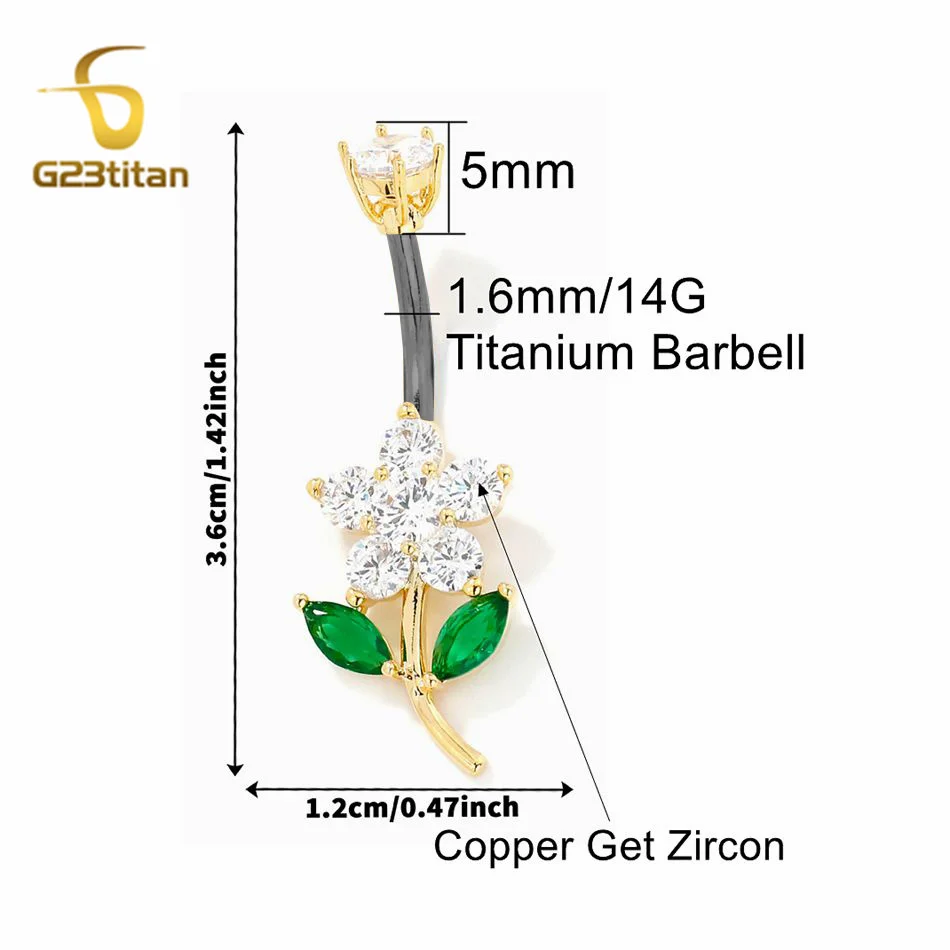 CZ Zircon Flower Belly Button Ring 14G Titanium Bar Anti Allergy Body Piercing Navel Jewelry Women Accessories Gold Silver Color