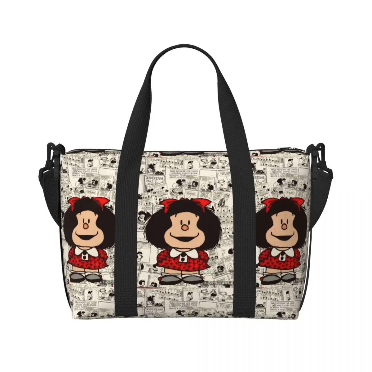 Custom Anime Mafalda Beach Tote Bag Women Cartoon Kawaii Big Compartment Beach Gym Travel Bags