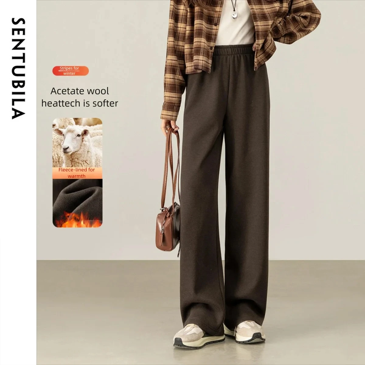 SENTUBILA Women Straight‑leg Pants Acetate Wool Fleece‑lined Loose‑fit Versatile Office Commute Daily Trousers Outfits 154KA4992