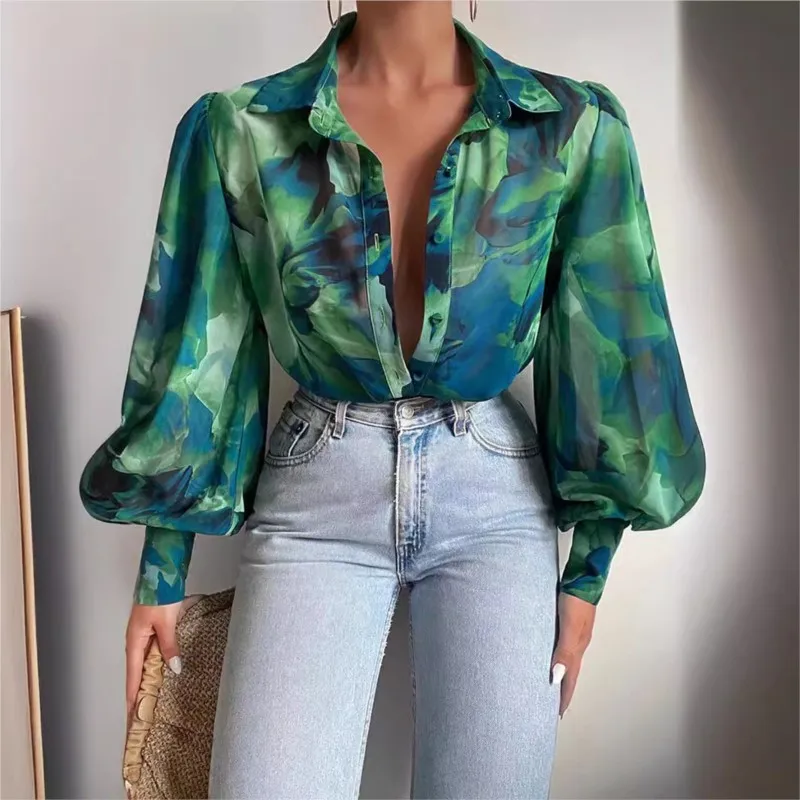 Casual Laterne Hülse Druck Hemd Bluse Frauen Mode Frühling Herbst Taste Shirts Für frauen 2024 Boho Strand Stil Shirts tops