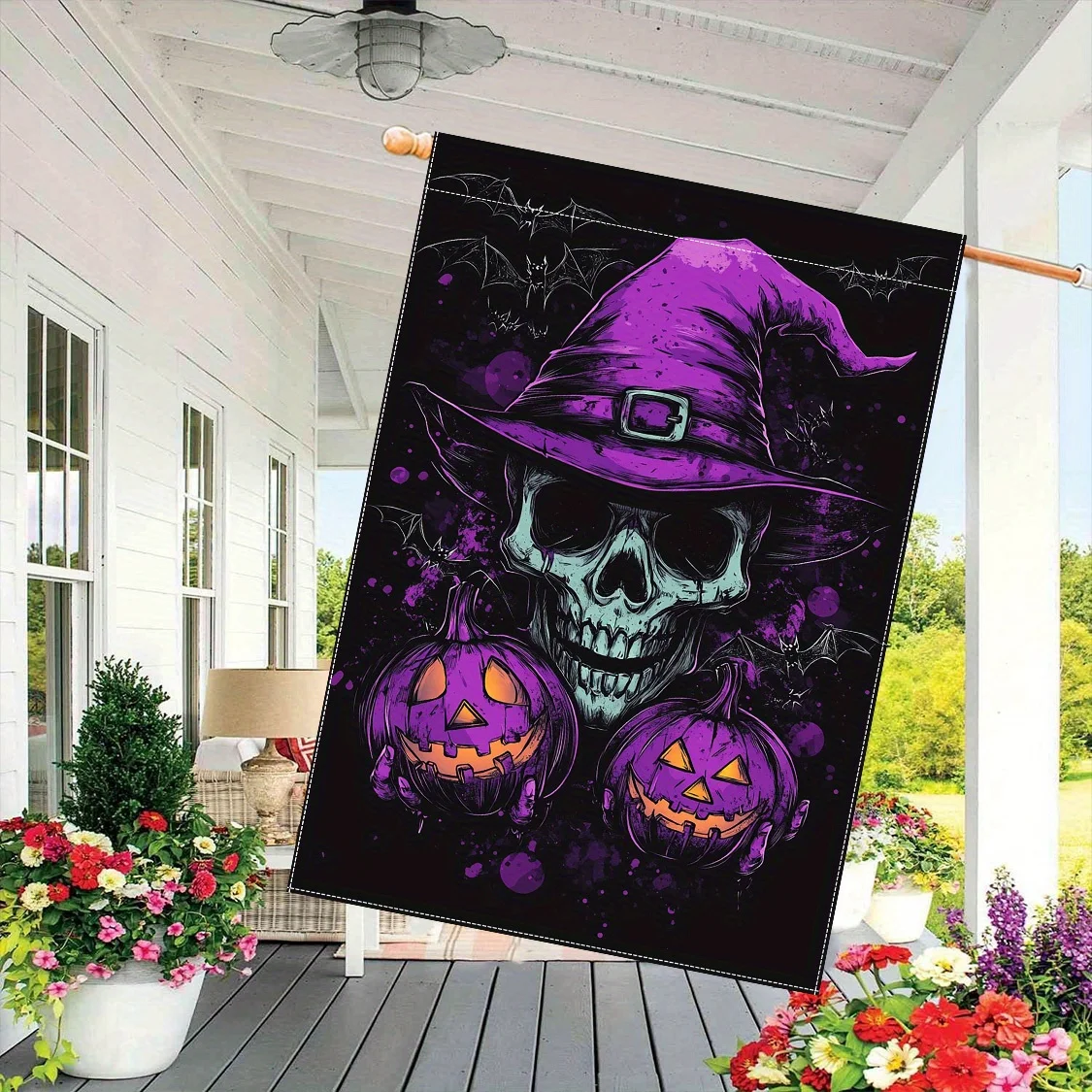 1pc, Halloween Witch Hat Skull Pumpkin Lantern, 12x18in Double-Sided Polyester Garden Flag, Outdoor Yard Lawn Decoration