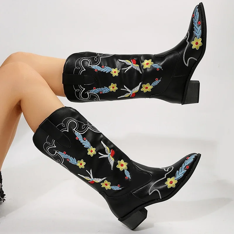 Colorful Embroidery Cowboy Boots for Women Pointed Toe Chunky Heels Women\'s Western Boots Retro PU Leather Knee High Botas Mujer