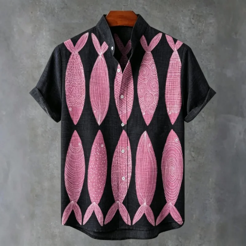Men Fish Print Hawaiian Shirt Summer Holiday Mandarin Collar Short Sleeve Button Down Tunics Casual Beach Vacation Top