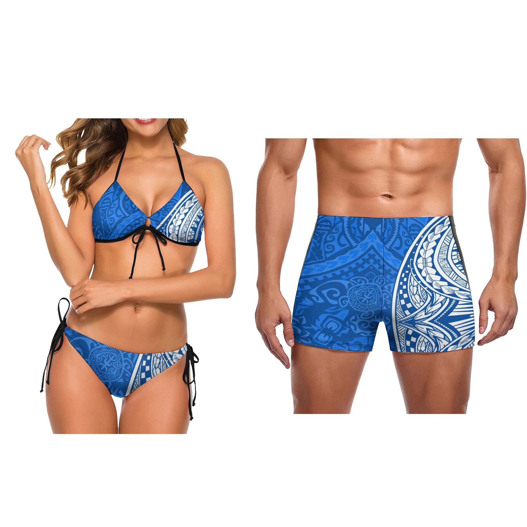 Custom Bikini Beach Couple Clothes Shorts Thong Men's Women's Swimsuit Polynesian Vintage Pattern Lace-Up Design
