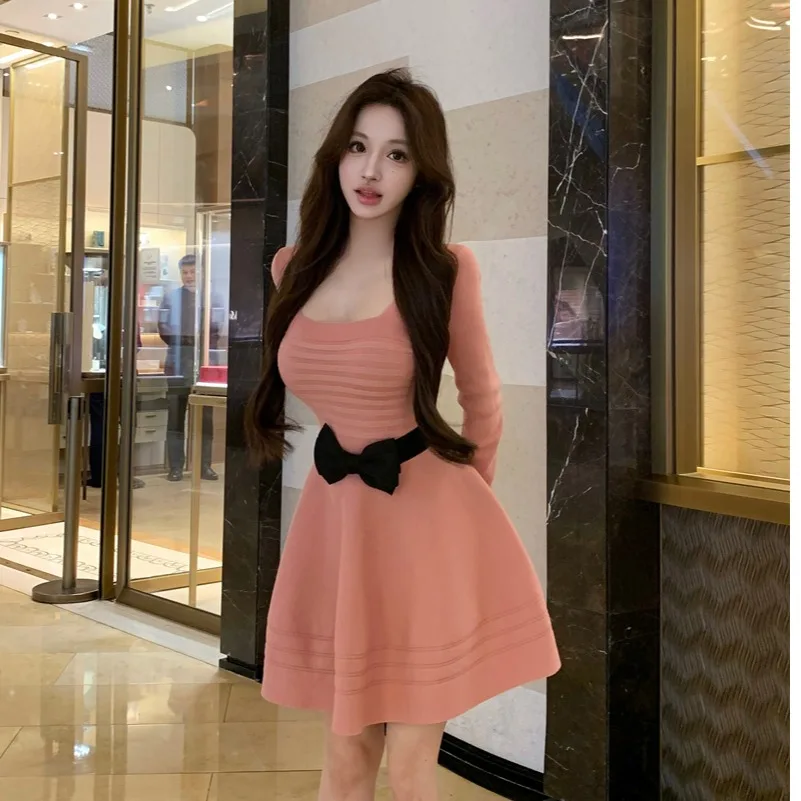 

Ele ort Knitted Slim Fit Dr Long Sve Ladylike Sle Autumn Winter New Trend Women's Faion Casual Color