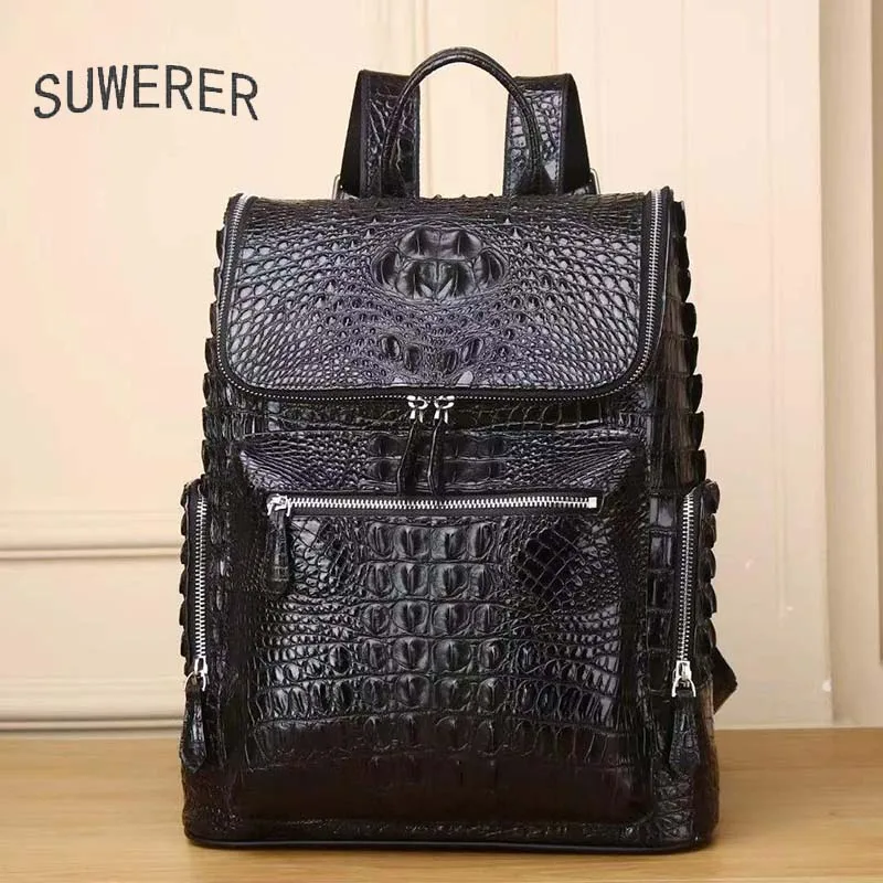 

SUWERER Quality Business Men's Bag Crocodile Pattern Backpack Real Cowhide Leather Men Shoulder bags Genuine Leather backpack