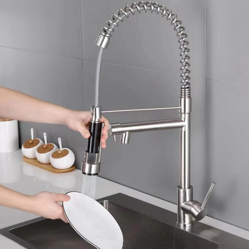 304 Stainless Steel Wire Pull Spring Pipe Dual Function Rotary Hot And Cold Kitchen Sink Faucet Splash Proof