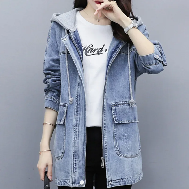 2024 Spring and Autumn New Hooded Denim Jacket Female Mid-Length Student Korean Loose Windbreaker Coats Clothes Woman Jacket