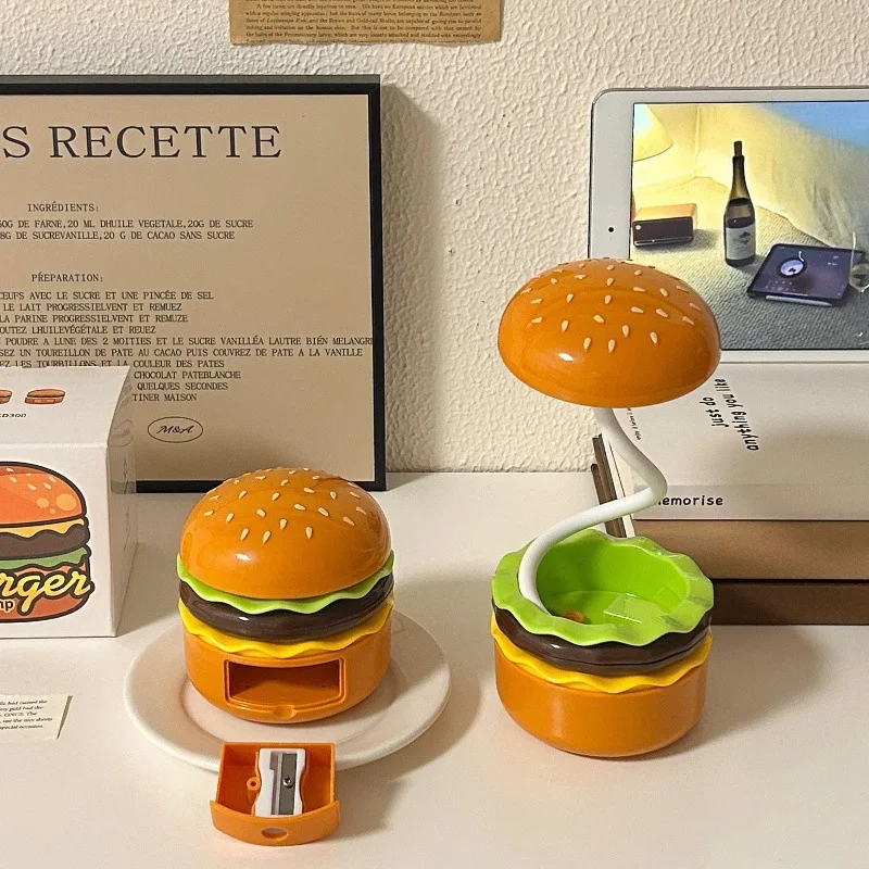 Retro Cute Multi-Functional Burger Desk Lamp with Retractable Sharpenable Pencil Bedside Study Reading Light Lampara De Mesa
