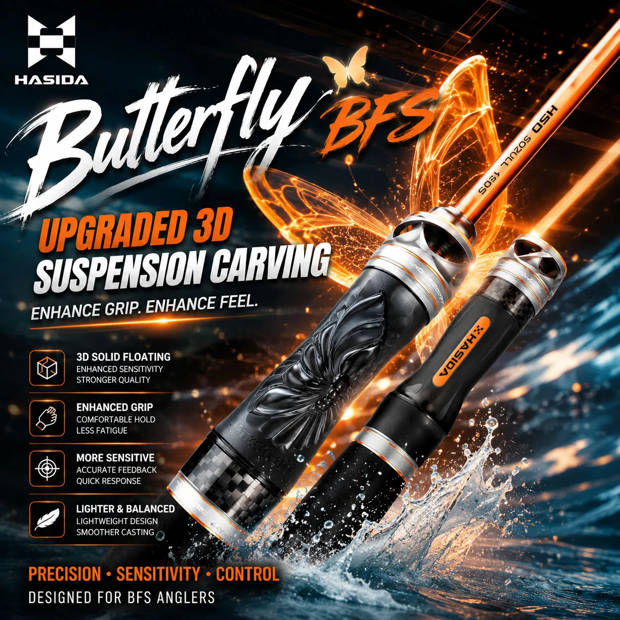 HASIDA Butterfly Korea Guides Air Mechanischer Sound 3D-Skulptur Rollenhalter Leicht 68G Dual Action Spinn- und Casting-Angelrute