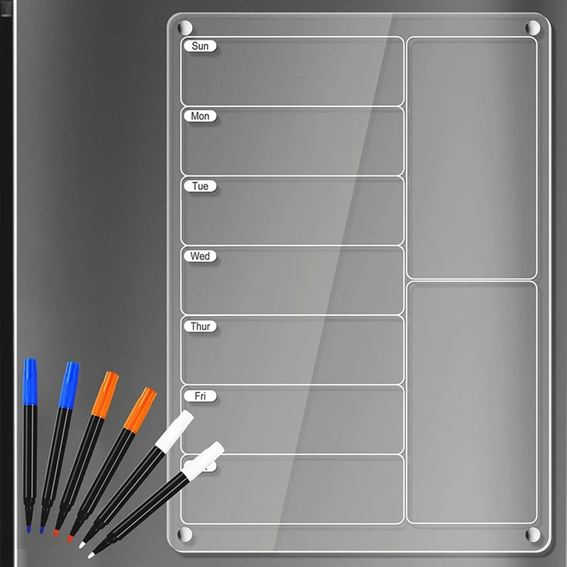 مجموعة واحدة من لوحة القائمة المغناطيسية لمخطط الوجبات للثلاجة، مخطط تقويم أسبوعي شفاف للثلاجة، لوح مسح جاف من الأكريليك