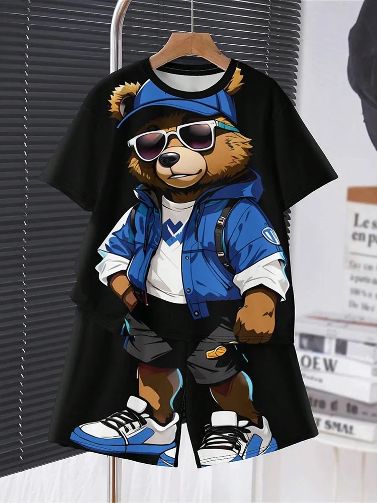 2024 Funny Bear Harajuku T-Shirt Men\'s Summer Loose Daily Couple Suit Short Sleeve T-Shirt Short Sleeve T-Shirt Men\'s Summer Wea