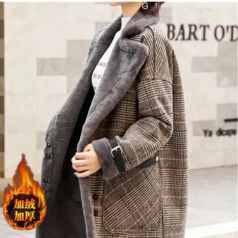 2024 Autumn Winter New Plaid Cotton Jacket Women\'s Fashion Warm Temperament Polo Collar Wool Coat Female Long Parkas Overcoat