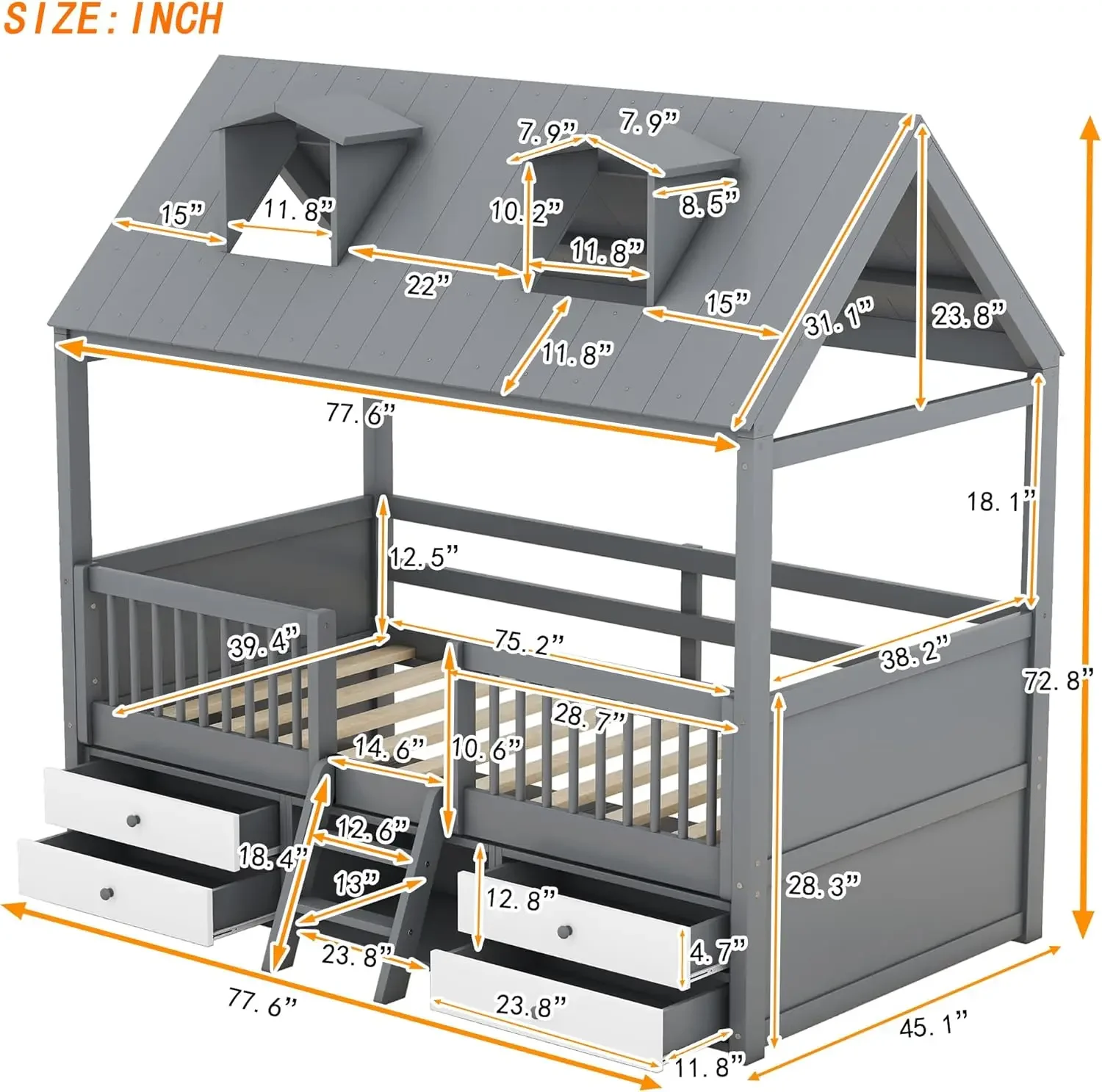 Twin Size Wood House Bed Frame with Full-Length Fence and 4 Storage Drawers, Kids Playhouse Tent Bed with Roof and 2-step