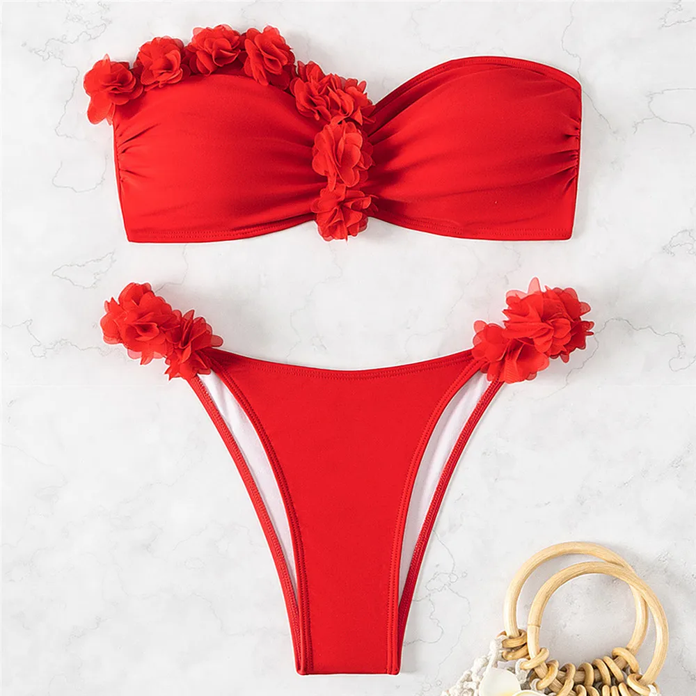 Red mesh flower bandeau Bikinis Sets sexy Swimsuit women Thong Swimwear Push Up Bathing Suit Beach Wear Bikini Mujer Biquinis