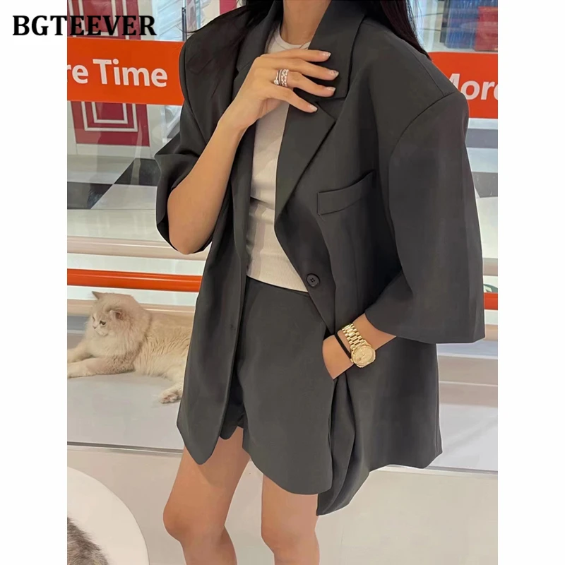 BGTEEVER Fashion Summer Ladies 2 Pieces Shorts Set Half Sleeve Single-breasted Blazer & High Waist Wide Leg Shorts Women Outfits