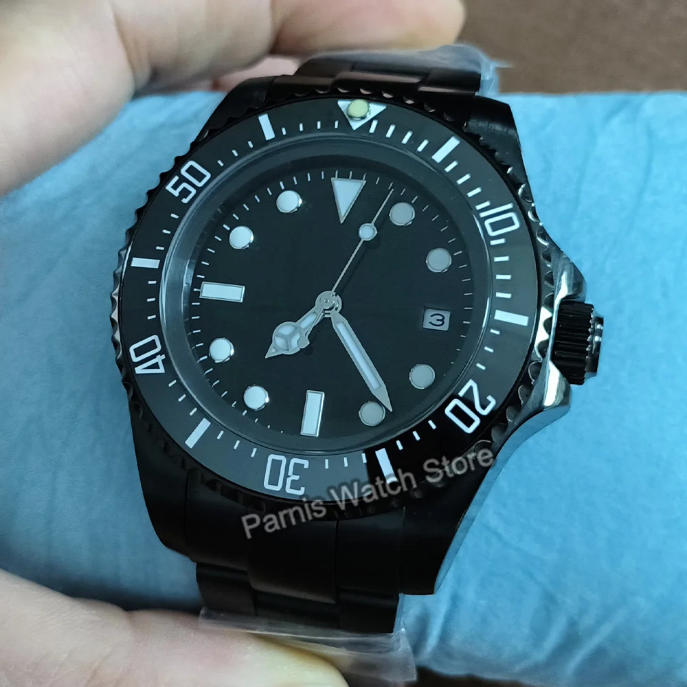 Parnis 43mm 自動巻きブラックダイヤルメンズウォッチ回転ベゼル夜光マーク