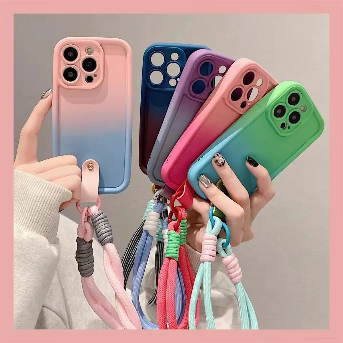 Lanyard Wrist Strap Stand Phone Holder Gradient Silicone Case for Iphone 15 14 13 12 11 Pro XS Max Mini XR X 8 7 6 6S Plus Cover