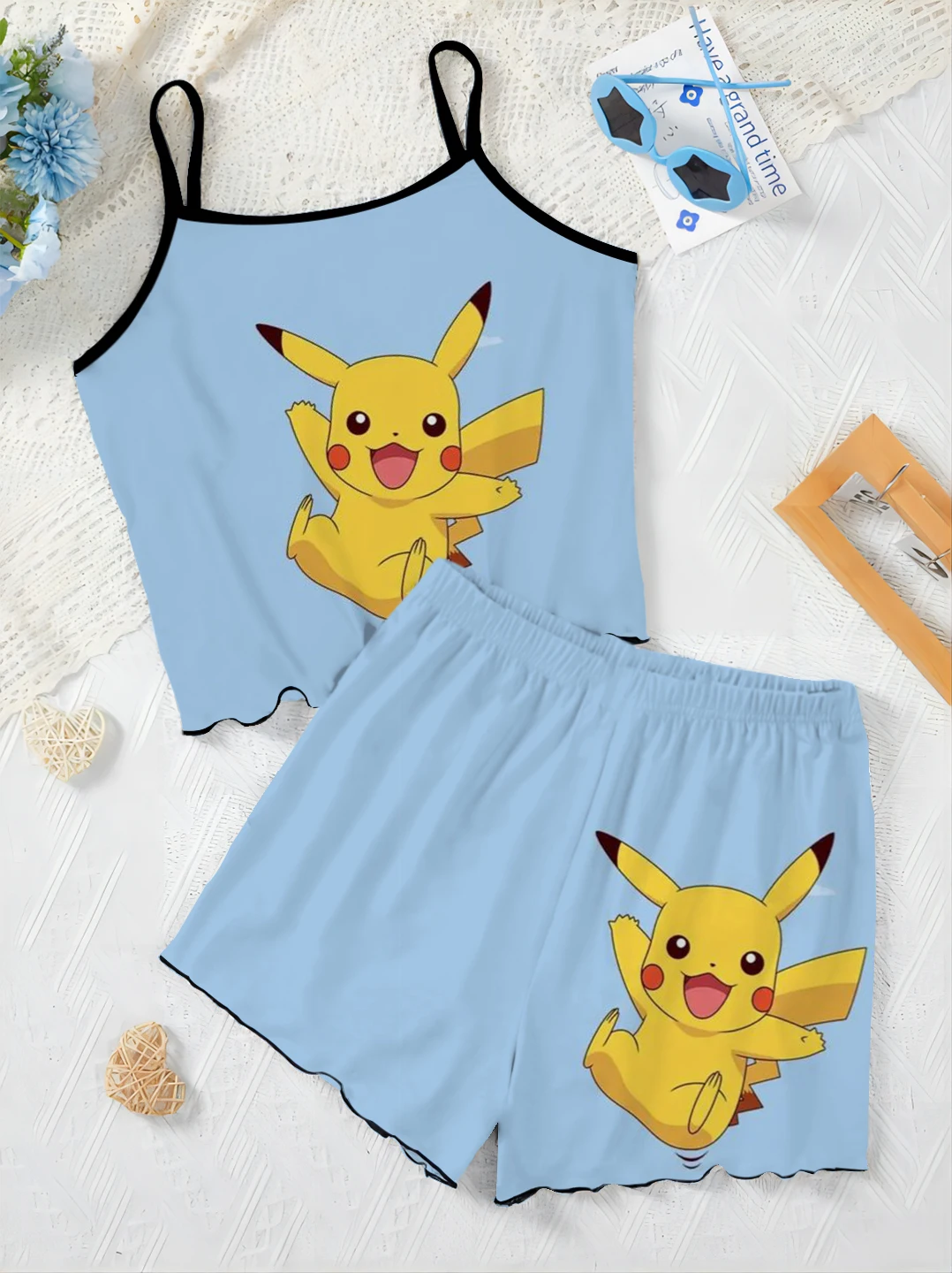 T-shirt Slip Dress Women's Suit Pikachu Short Sets Top Pokémon Pajama Skirt Lettuce Trim Pieces Elegant Home Dress Top Matching