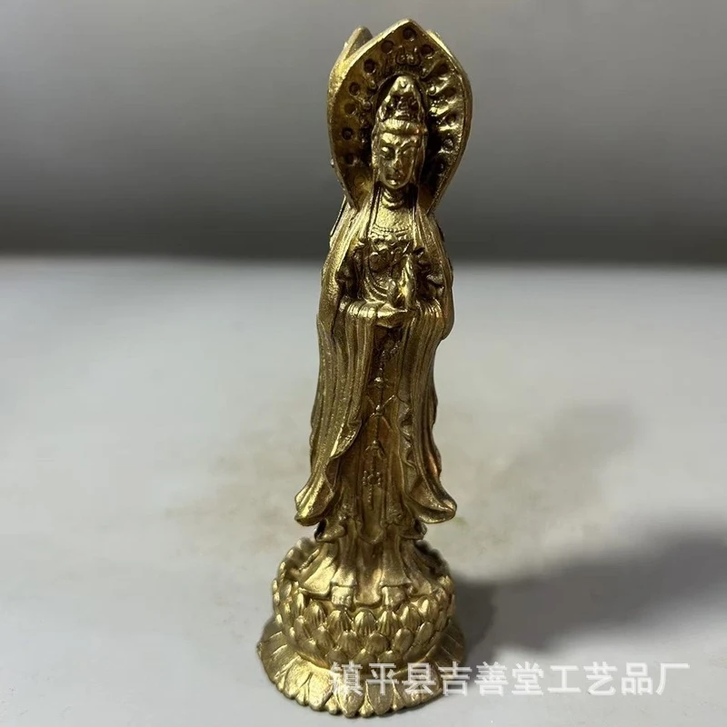 Three-sided alloy hollow brass-colored antique-style craft metal Buddha standing Guanyin statue