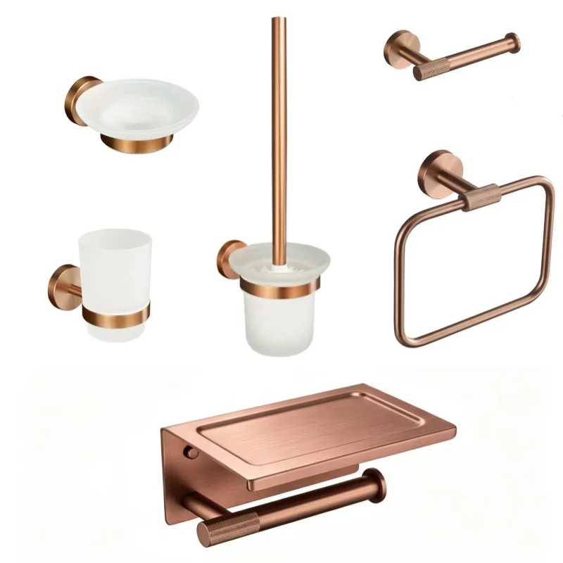 Brushed Rose Gold Brass Knurling Toilet Brush Holder Toilet Paper Holder Towel Bar Rail Rack Hanger Hook Soap Dish Hardware