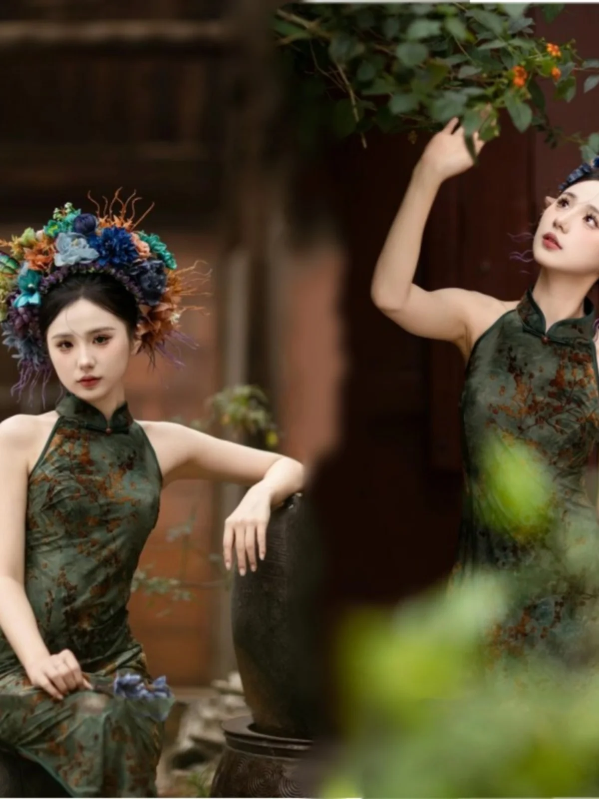 

New Chinese Style Retro Improved Neck Hanging Dress Floral Hairpin Travel Photography Photography Costume Ethnic Wear