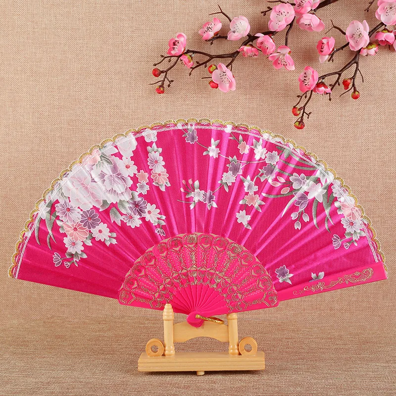 Ventilador dobrável artesanal personalizado pano de seda decorativo ventiladores de borda de ouro estilo chinês dança tradicional chinesa