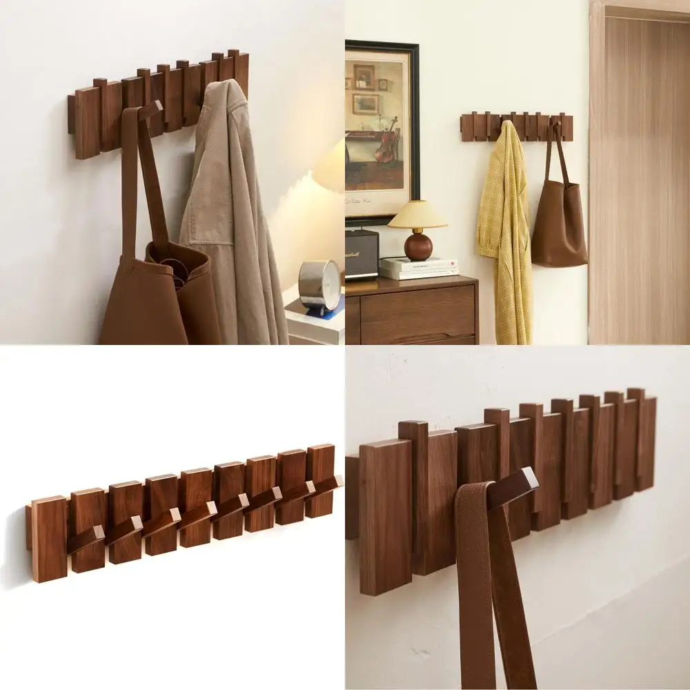 

Wall-Mounted Coat Rack with 8 Hooks - Walnut, for Coats, Keys, Hats, Robes, Towels, Plants, and Bags