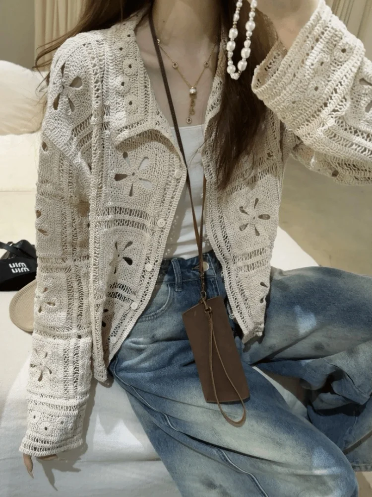 

Korean Holiday Sle Hollow Knitted Sweater Casual Slim Fit Women's Faion Outerwear Versatile Top Casual Long Sve