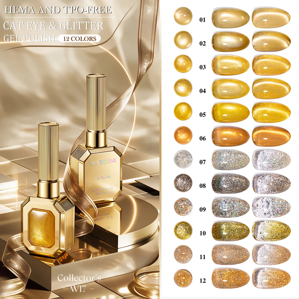 Vendeeni 12 Color Crystal Cat Eye And Glitter Gel Nail Polish Mixed Set Champagne Fall Gold UV Magnetic Cat Eye Gel With Display