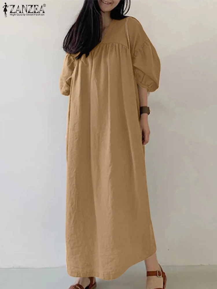 เดรสผู้หญิง ZANZEA ดีไซน์หรูหรา ประจำฤดูใบไม้ร่วงปี 2025 แขนทรงโคมไฟ 3/4 คอวี ทรงเอไลน์ หลวมสบาย เหมาะสำหรับทำงาน สไตล์เรียบหรู ผ้าสีพื้น ทรงยาวแบบคาฟตัน